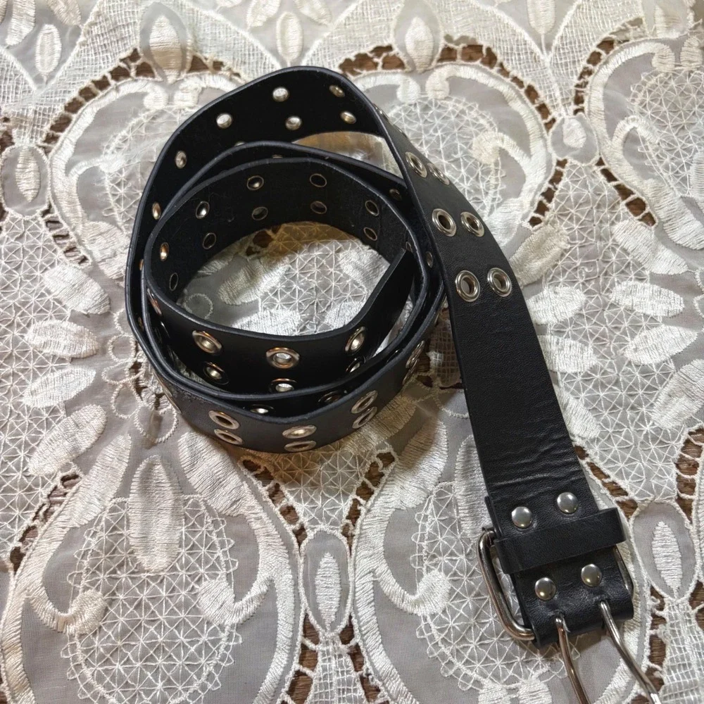 Black Double Grommet Belt Silver Tone Hardware Punk Grunge Y2K Edgy Accessory